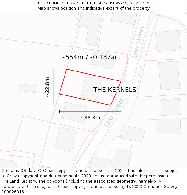 THE KERNELS, LOW STREET, HARBY, NEWARK, NG23 7EA: Plot and title map