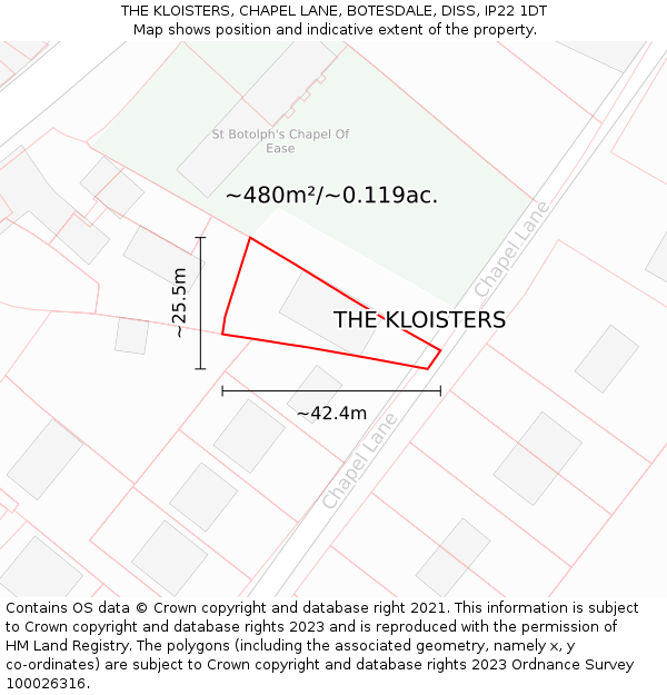 THE KLOISTERS, CHAPEL LANE, BOTESDALE, DISS, IP22 1DT: Plot and title map