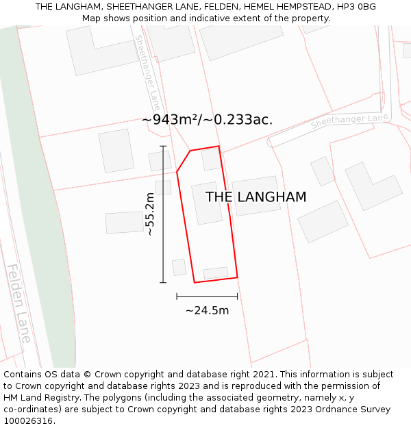 THE LANGHAM, SHEETHANGER LANE, FELDEN, HEMEL HEMPSTEAD, HP3 0BG: Plot and title map
