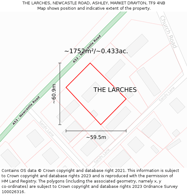 THE LARCHES, NEWCASTLE ROAD, ASHLEY, MARKET DRAYTON, TF9 4NB: Plot and title map