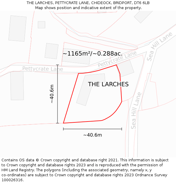 THE LARCHES, PETTYCRATE LANE, CHIDEOCK, BRIDPORT, DT6 6LB: Plot and title map