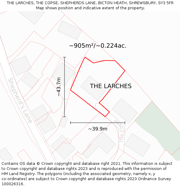 THE LARCHES, THE COPSE, SHEPHERDS LANE, BICTON HEATH, SHREWSBURY, SY3 5FR: Plot and title map
