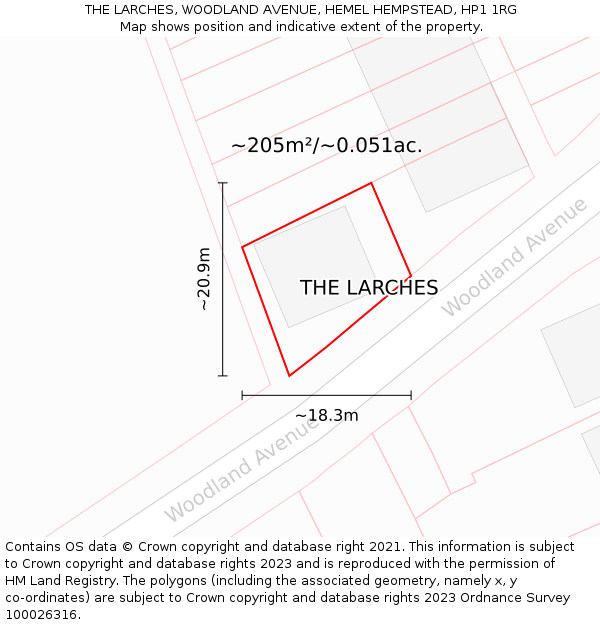 THE LARCHES, WOODLAND AVENUE, HEMEL HEMPSTEAD, HP1 1RG: Plot and title map