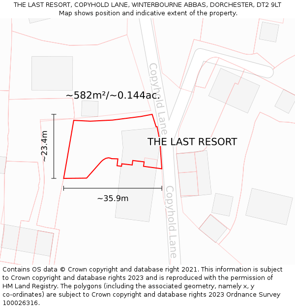 THE LAST RESORT, COPYHOLD LANE, WINTERBOURNE ABBAS, DORCHESTER, DT2 9LT: Plot and title map