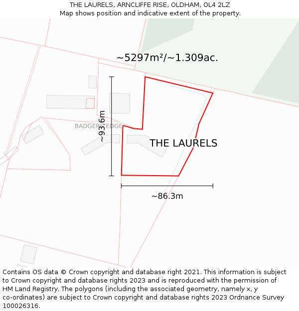 THE LAURELS, ARNCLIFFE RISE, OLDHAM, OL4 2LZ: Plot and title map