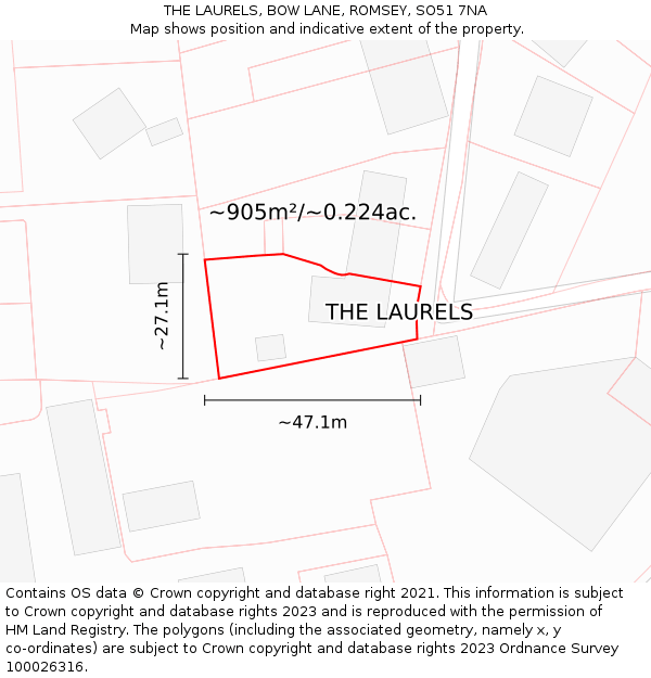 THE LAURELS, BOW LANE, ROMSEY, SO51 7NA: Plot and title map