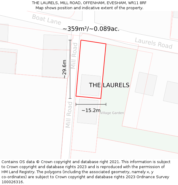 THE LAURELS, MILL ROAD, OFFENHAM, EVESHAM, WR11 8RF: Plot and title map