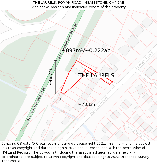 THE LAURELS, ROMAN ROAD, INGATESTONE, CM4 9AE: Plot and title map