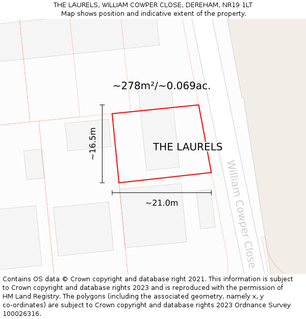 THE LAURELS, WILLIAM COWPER CLOSE, DEREHAM, NR19 1LT: Plot and title map