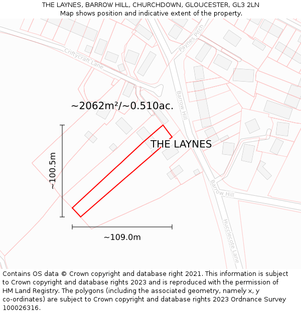 THE LAYNES, BARROW HILL, CHURCHDOWN, GLOUCESTER, GL3 2LN: Plot and title map