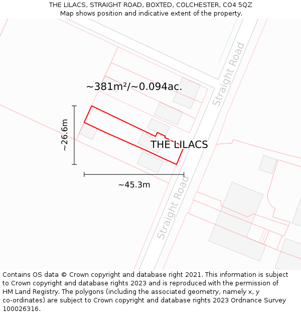 THE LILACS, STRAIGHT ROAD, BOXTED, COLCHESTER, CO4 5QZ: Plot and title map