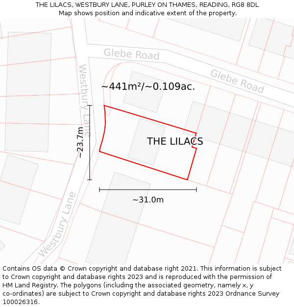 THE LILACS, WESTBURY LANE, PURLEY ON THAMES, READING, RG8 8DL: Plot and title map