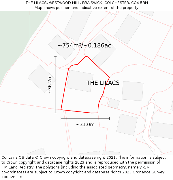 THE LILACS, WESTWOOD HILL, BRAISWICK, COLCHESTER, CO4 5BN: Plot and title map