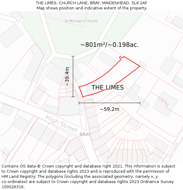 THE LIMES, CHURCH LANE, BRAY, MAIDENHEAD, SL6 2AF: Plot and title map