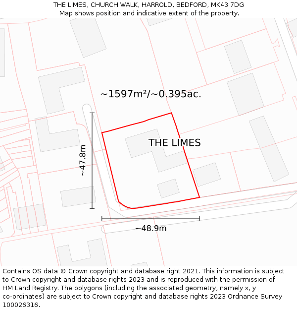 THE LIMES, CHURCH WALK, HARROLD, BEDFORD, MK43 7DG: Plot and title map