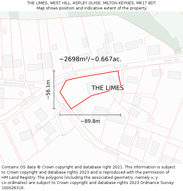 THE LIMES, WEST HILL, ASPLEY GUISE, MILTON KEYNES, MK17 8DT: Plot and title map