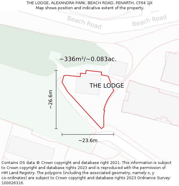 THE LODGE, ALEXANDRA PARK, BEACH ROAD, PENARTH, CF64 1JX: Plot and title map