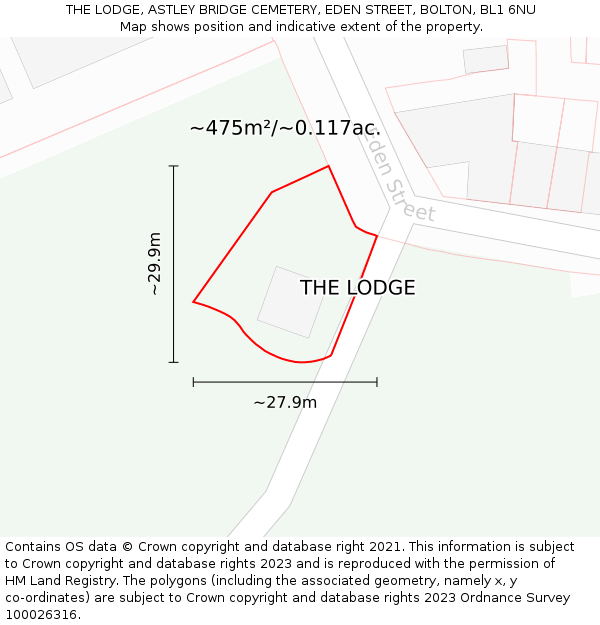 THE LODGE, ASTLEY BRIDGE CEMETERY, EDEN STREET, BOLTON, BL1 6NU: Plot and title map