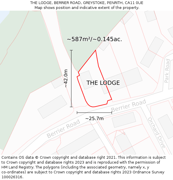 THE LODGE, BERRIER ROAD, GREYSTOKE, PENRITH, CA11 0UE: Plot and title map