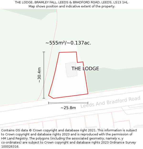 THE LODGE, BRAMLEY FALL, LEEDS & BRADFORD ROAD, LEEDS, LS13 1HL: Plot and title map