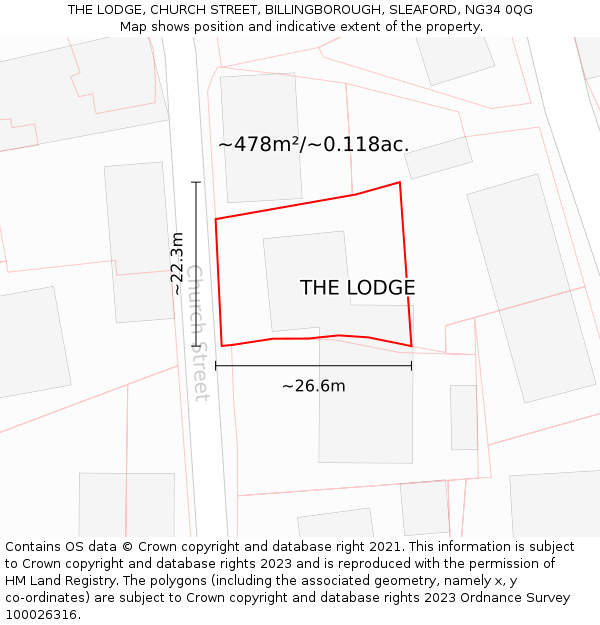 THE LODGE, CHURCH STREET, BILLINGBOROUGH, SLEAFORD, NG34 0QG: Plot and title map