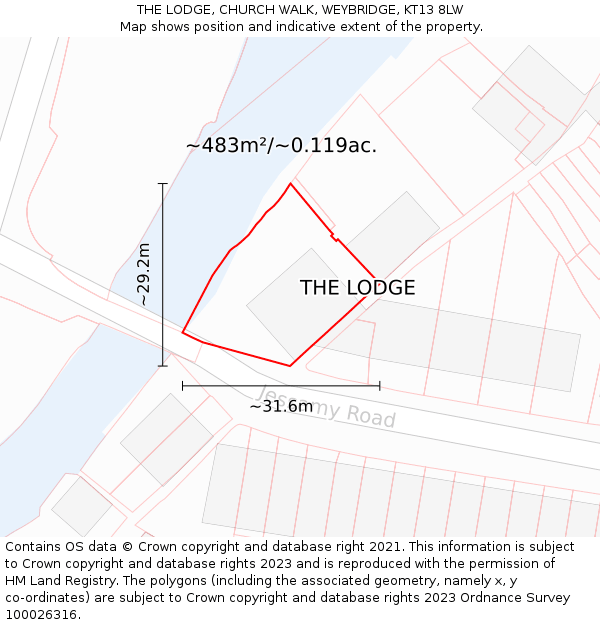 THE LODGE, CHURCH WALK, WEYBRIDGE, KT13 8LW: Plot and title map