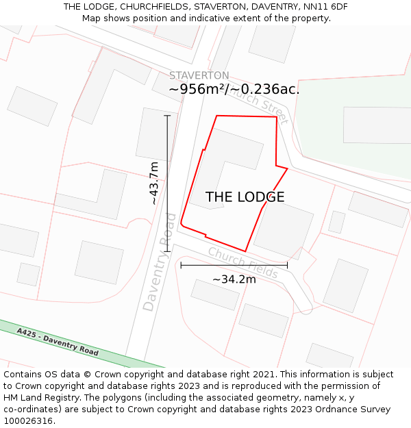 THE LODGE, CHURCHFIELDS, STAVERTON, DAVENTRY, NN11 6DF: Plot and title map