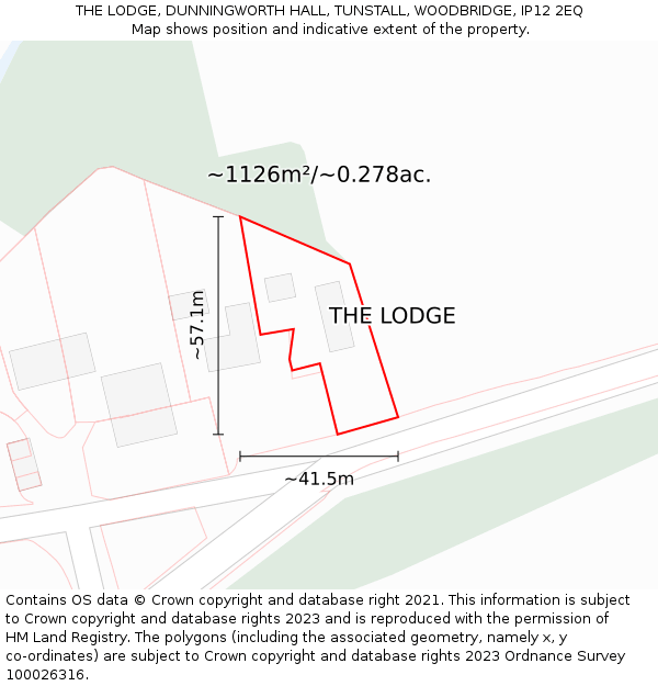 THE LODGE, DUNNINGWORTH HALL, TUNSTALL, WOODBRIDGE, IP12 2EQ: Plot and title map