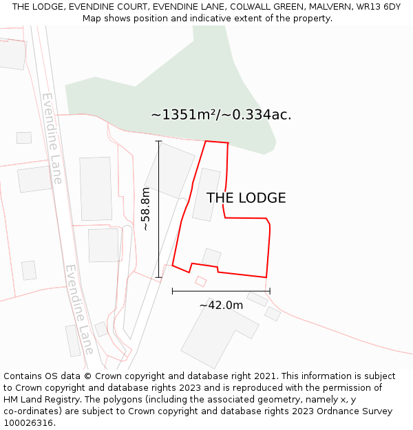 THE LODGE, EVENDINE COURT, EVENDINE LANE, COLWALL GREEN, MALVERN, WR13 6DY: Plot and title map