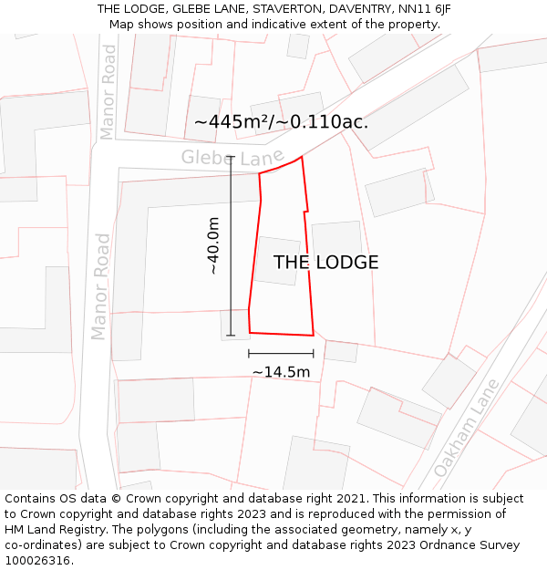 THE LODGE, GLEBE LANE, STAVERTON, DAVENTRY, NN11 6JF: Plot and title map