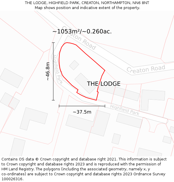 THE LODGE, HIGHFIELD PARK, CREATON, NORTHAMPTON, NN6 8NT: Plot and title map