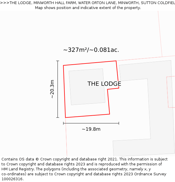 THE LODGE, MINWORTH HALL FARM, WATER ORTON LANE, MINWORTH, SUTTON COLDFIELD, B76 9BT: Plot and title map