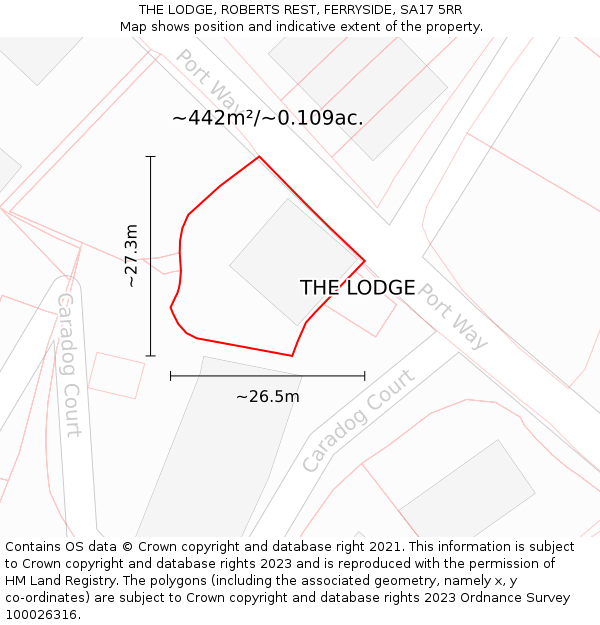 THE LODGE, ROBERTS REST, FERRYSIDE, SA17 5RR: Plot and title map