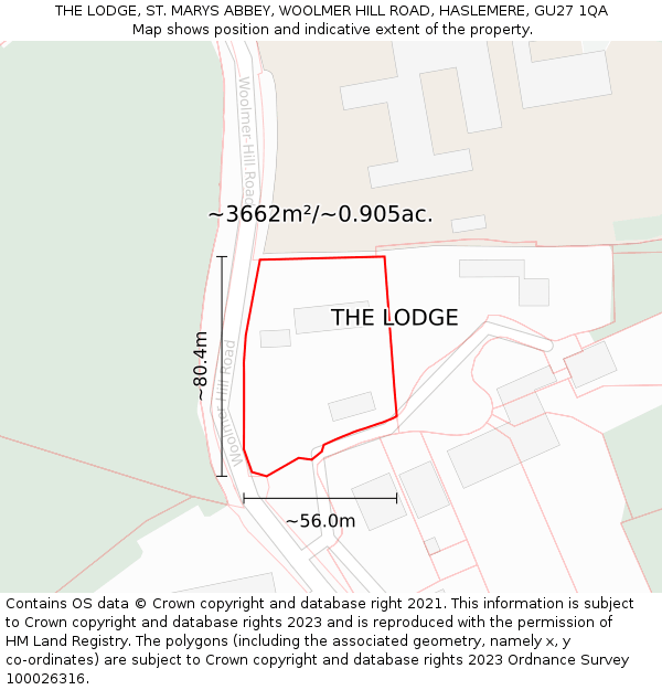 THE LODGE, ST. MARYS ABBEY, WOOLMER HILL ROAD, HASLEMERE, GU27 1QA: Plot and title map