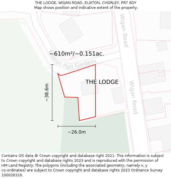 THE LODGE, WIGAN ROAD, EUXTON, CHORLEY, PR7 6DY: Plot and title map