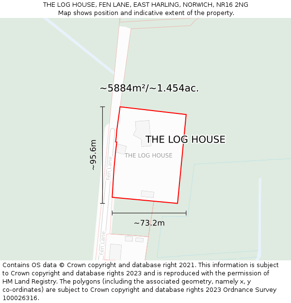 THE LOG HOUSE, FEN LANE, EAST HARLING, NORWICH, NR16 2NG: Plot and title map