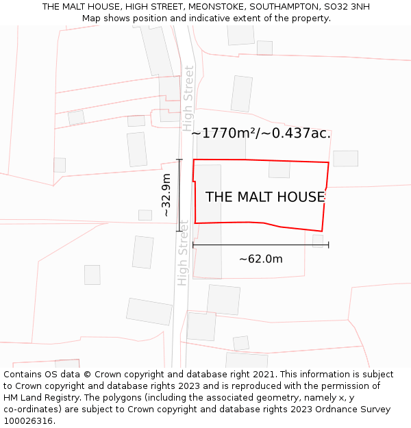 THE MALT HOUSE, HIGH STREET, MEONSTOKE, SOUTHAMPTON, SO32 3NH: Plot and title map
