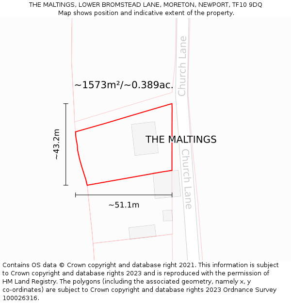 THE MALTINGS, LOWER BROMSTEAD LANE, MORETON, NEWPORT, TF10 9DQ: Plot and title map