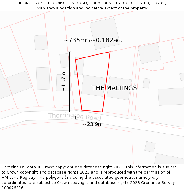 THE MALTINGS, THORRINGTON ROAD, GREAT BENTLEY, COLCHESTER, CO7 8QD: Plot and title map