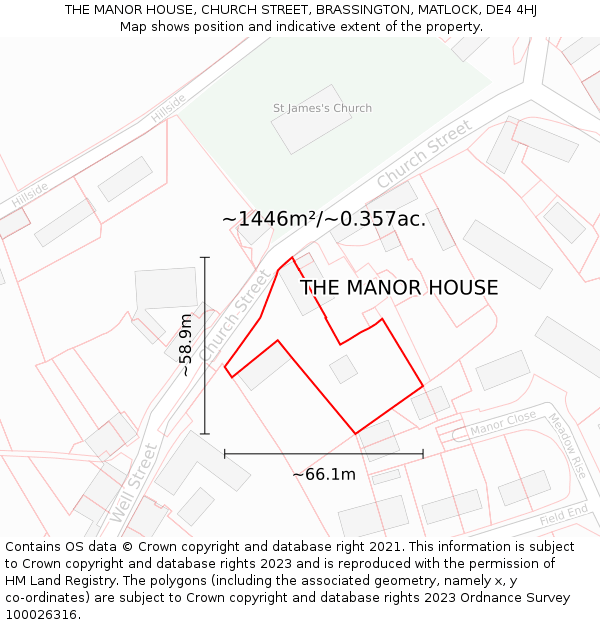 THE MANOR HOUSE, CHURCH STREET, BRASSINGTON, MATLOCK, DE4 4HJ: Plot and title map