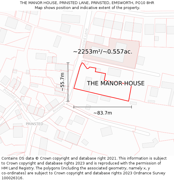 THE MANOR HOUSE, PRINSTED LANE, PRINSTED, EMSWORTH, PO10 8HR: Plot and title map