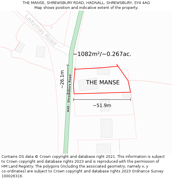 THE MANSE, SHREWSBURY ROAD, HADNALL, SHREWSBURY, SY4 4AG: Plot and title map