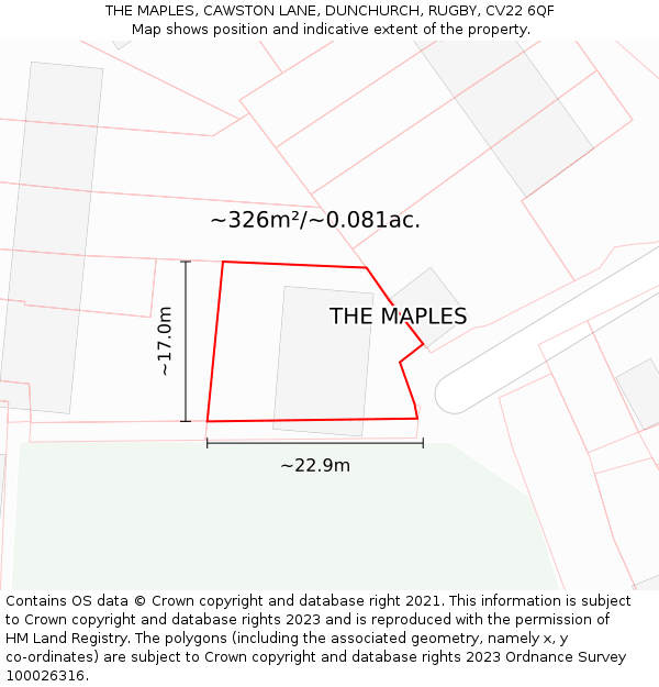 THE MAPLES, CAWSTON LANE, DUNCHURCH, RUGBY, CV22 6QF: Plot and title map