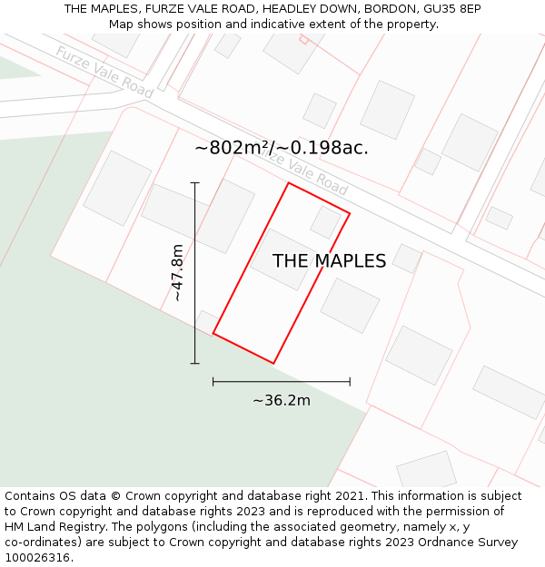 THE MAPLES, FURZE VALE ROAD, HEADLEY DOWN, BORDON, GU35 8EP: Plot and title map