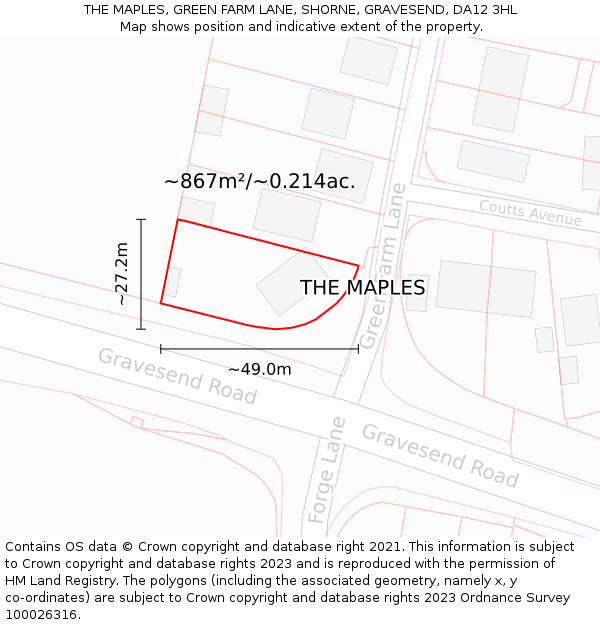 THE MAPLES, GREEN FARM LANE, SHORNE, GRAVESEND, DA12 3HL: Plot and title map
