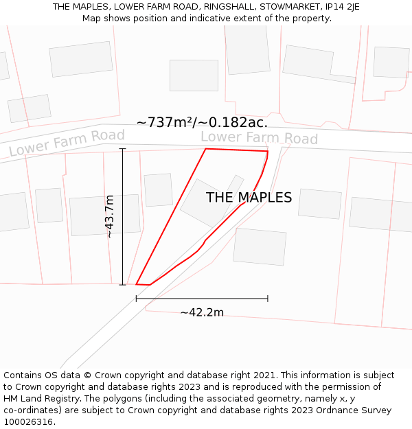 THE MAPLES, LOWER FARM ROAD, RINGSHALL, STOWMARKET, IP14 2JE: Plot and title map