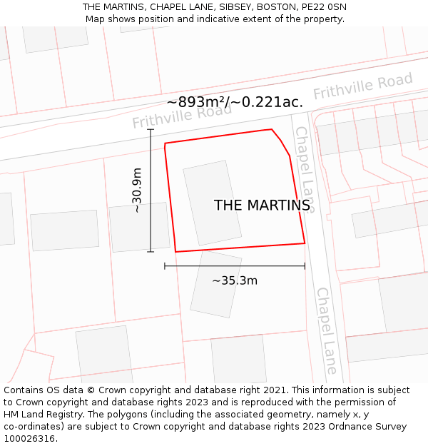 THE MARTINS, CHAPEL LANE, SIBSEY, BOSTON, PE22 0SN: Plot and title map