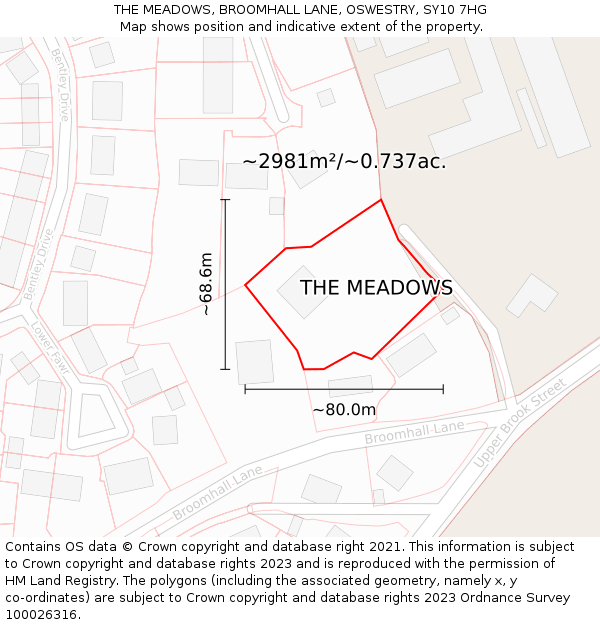 THE MEADOWS, BROOMHALL LANE, OSWESTRY, SY10 7HG: Plot and title map