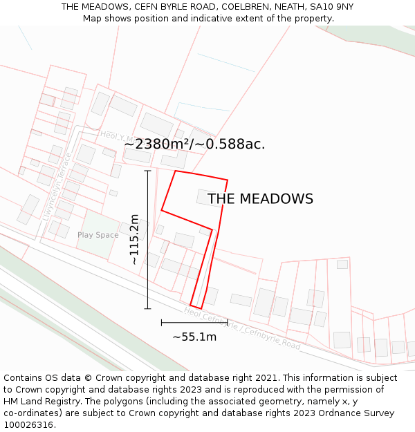 THE MEADOWS, CEFN BYRLE ROAD, COELBREN, NEATH, SA10 9NY: Plot and title map