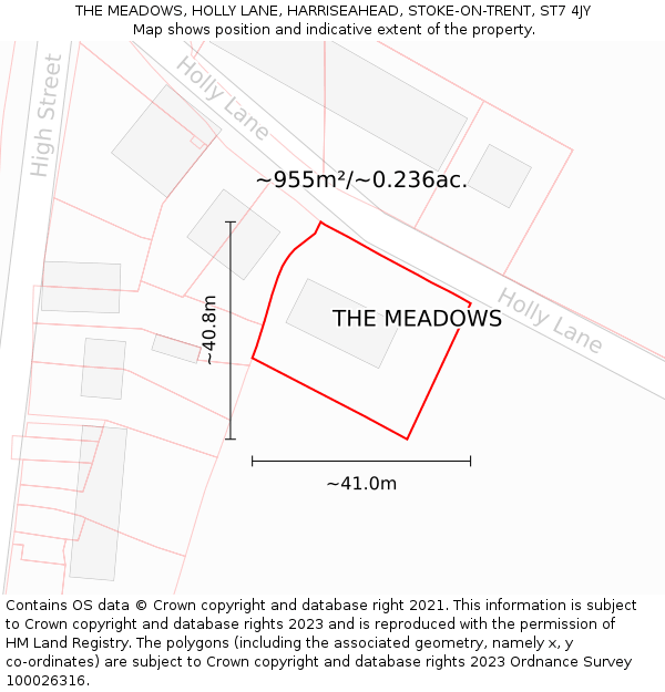 THE MEADOWS, HOLLY LANE, HARRISEAHEAD, STOKE-ON-TRENT, ST7 4JY: Plot and title map